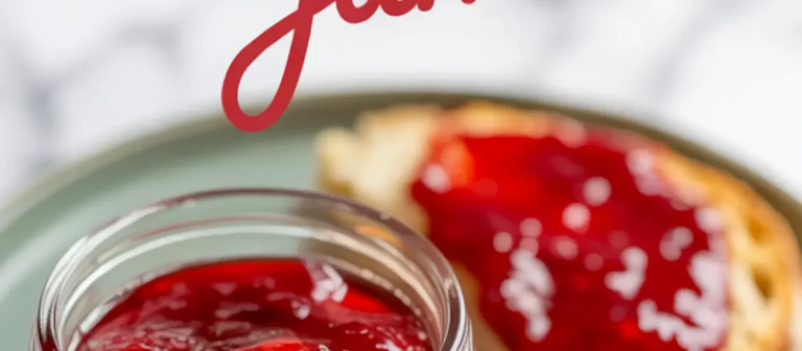 Jar of strawberry jam with visible fruit pieces on a plate beside a slice of bread spread with jam and a spoonful resting on the side, text overlay reading “Strawberry Jam.”