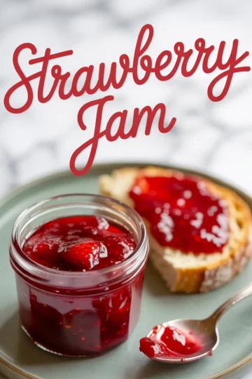 Jar of strawberry jam with visible fruit pieces on a plate beside a slice of bread spread with jam and a spoonful resting on the side, text overlay reading “Strawberry Jam.”