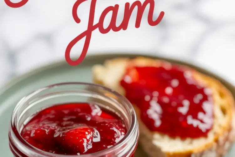 Jar of strawberry jam with visible fruit pieces on a plate beside a slice of bread spread with jam and a spoonful resting on the side, text overlay reading “Strawberry Jam.”