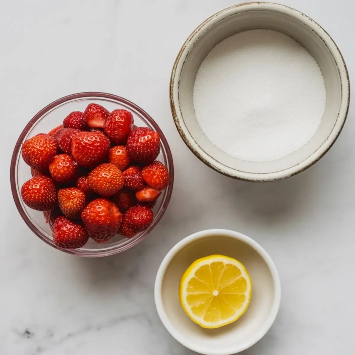 Flat lay of jam ingredients on a marble surface, featuring a bowl of strawberries, a bowl of sugar, and a small dish with a lemon half.