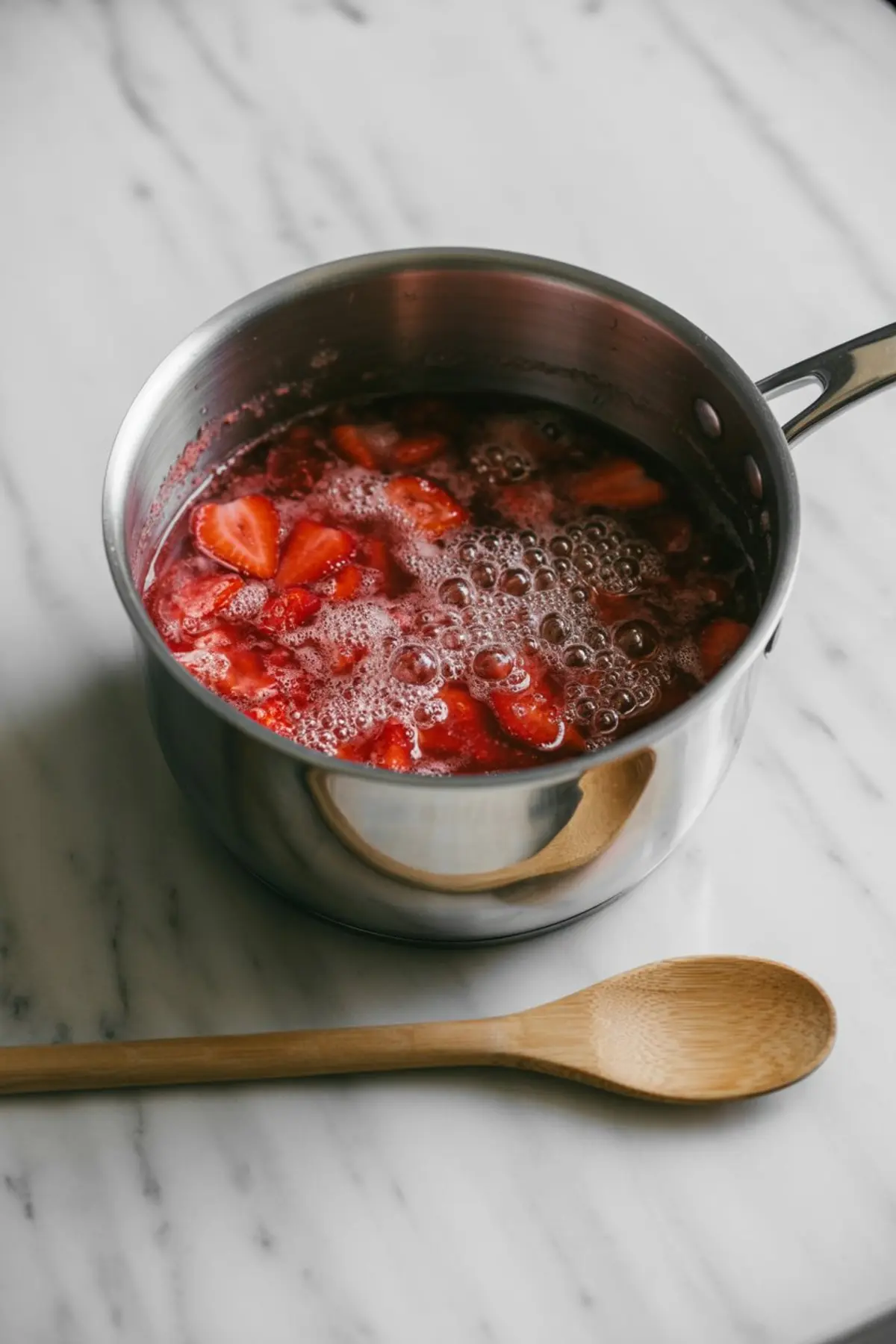 Strawberries simmering in a stainless steel saucepan, releasing juices and forming a bubbly mixture during jam preparation.