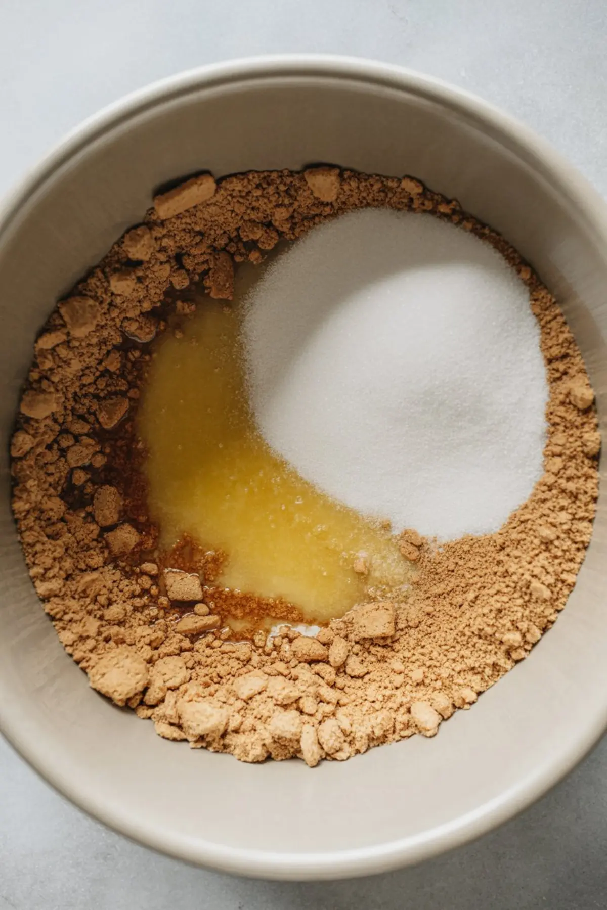 Overhead shot of a mixing bowl with graham cracker crumbs, granulated sugar, and melted butter, prepared as the base mixture for a dessert tart crust.