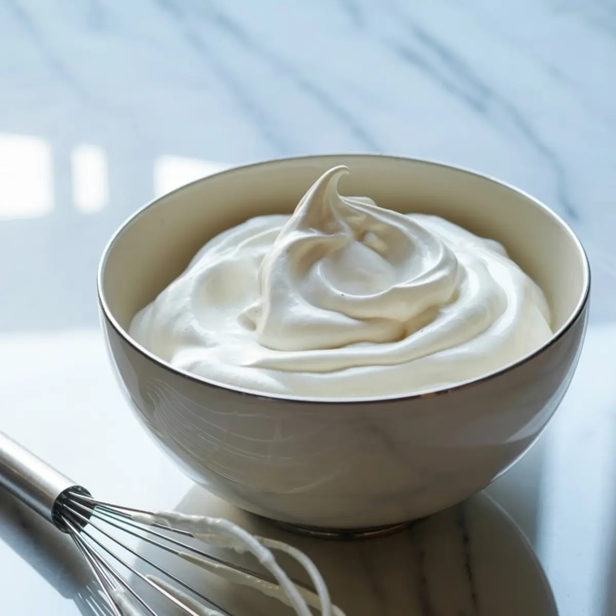 Bowl of freshly whipped cream with stiff peaks, placed beside a metal whisk on a reflective marble countertop, ideal for topping tarts or cakes.