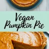 Collage showing a whole vegan pumpkin pie on a blue plate and a close-up of a slice removed, with “Vegan Pumpkin Pie” text overlay on a pastel background.