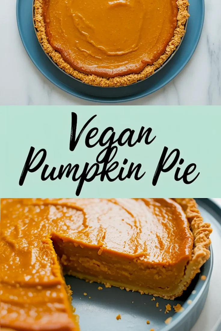 Collage showing a whole vegan pumpkin pie on a blue plate and a close-up of a slice removed, with “Vegan Pumpkin Pie” text overlay on a pastel background.