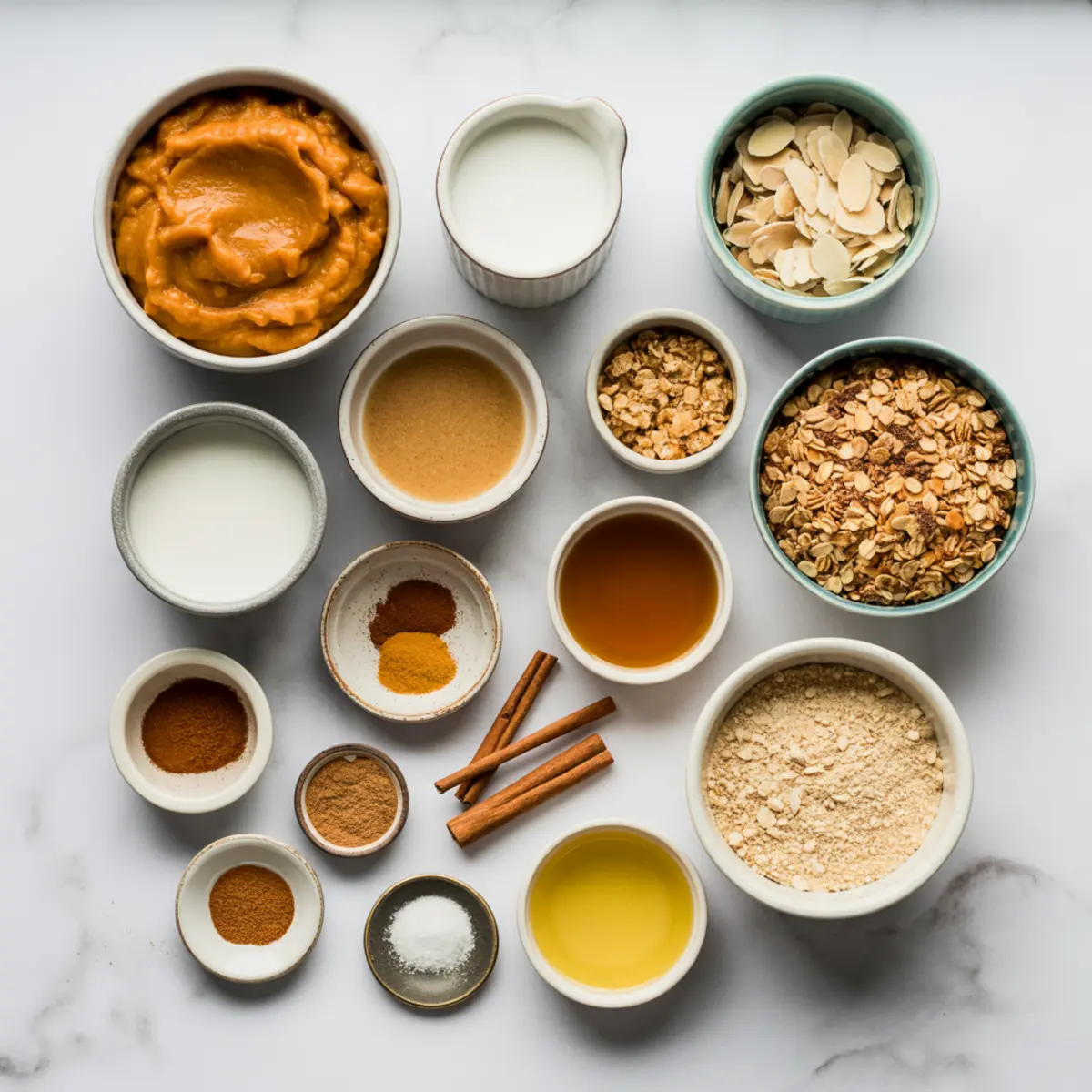 Flat lay of vegan pumpkin pie ingredients in ceramic bowls, including pumpkin puree, almond slices, oats, maple syrup, oat flour, cinnamon, nutmeg, and plant-based milk.
