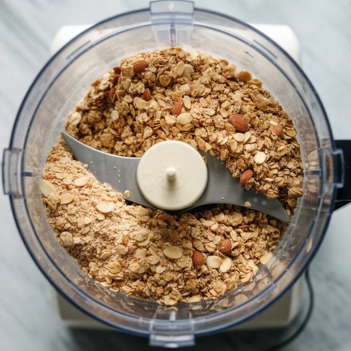 Overhead view of crushed granola, oats, and almonds inside a food processor, showcasing a coarse texture for a homemade pie crust base.