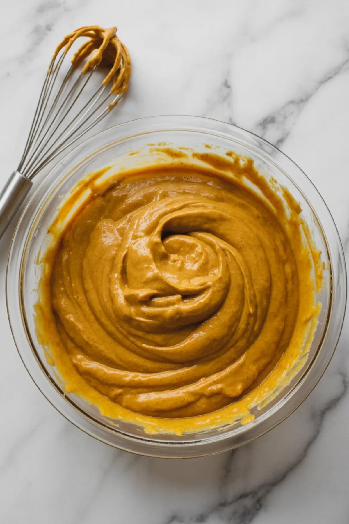 Glass bowl filled with creamy pumpkin pie filling, whipped to a smooth consistency with a metal whisk resting nearby on a marble surface.