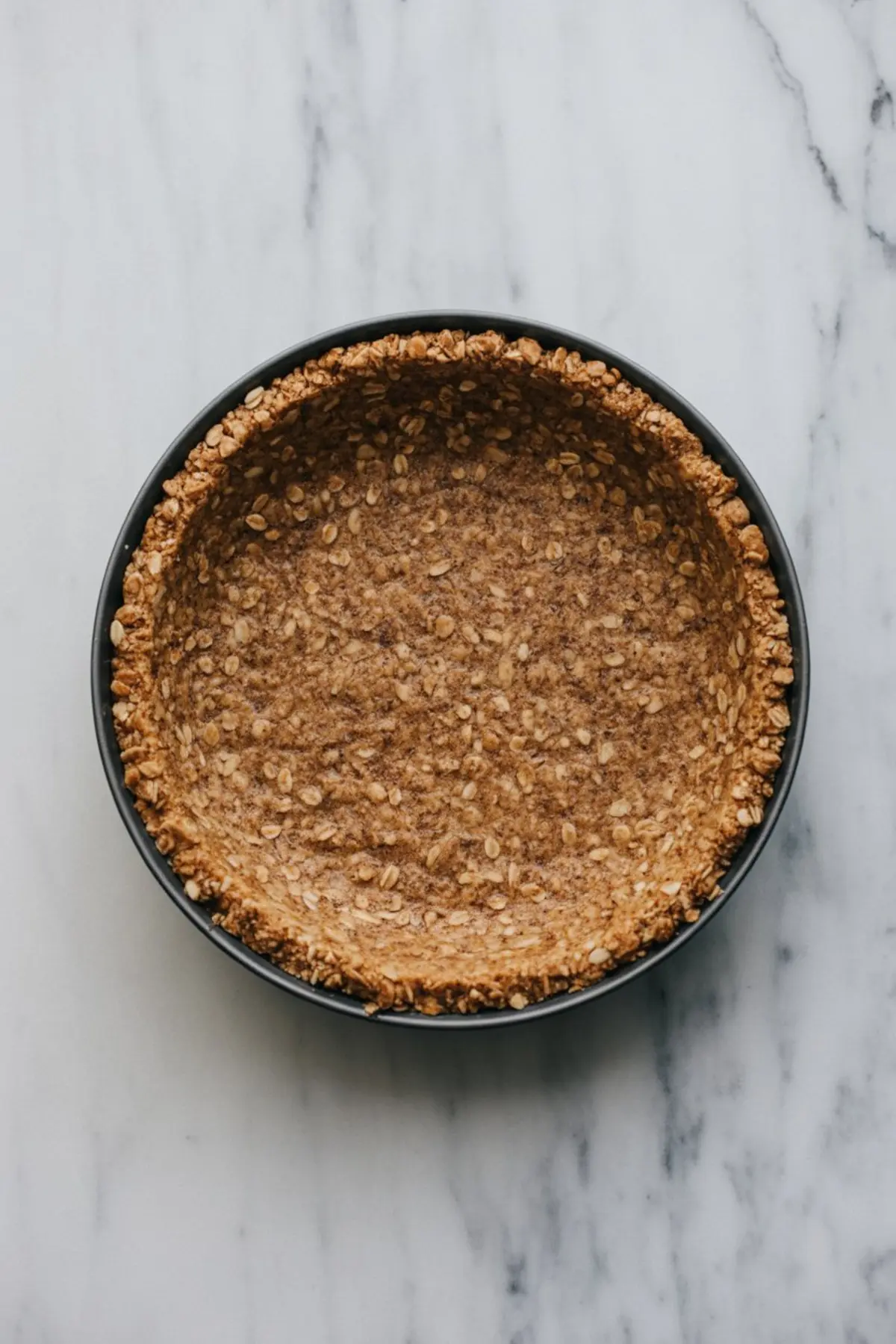 Baked oat and almond pie crust formed into a round tart pan, featuring a golden-brown texture and rustic appearance on a marble background.