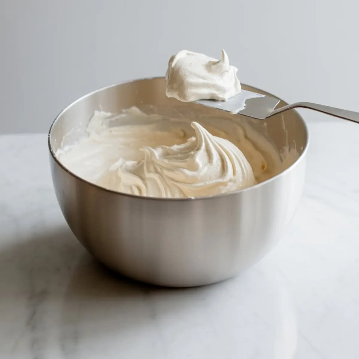 Whipped cream filling in a stainless steel bowl with a spatula lifting a scoop, showing the light and fluffy texture for whoopie pie filling.