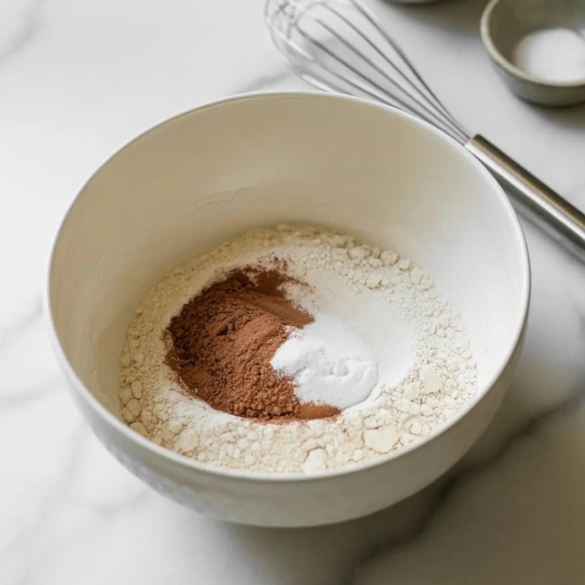 Mixing bowl with dry ingredients including all-purpose flour, cocoa powder, baking soda, and baking powder, prepared for chocolate cake batter.