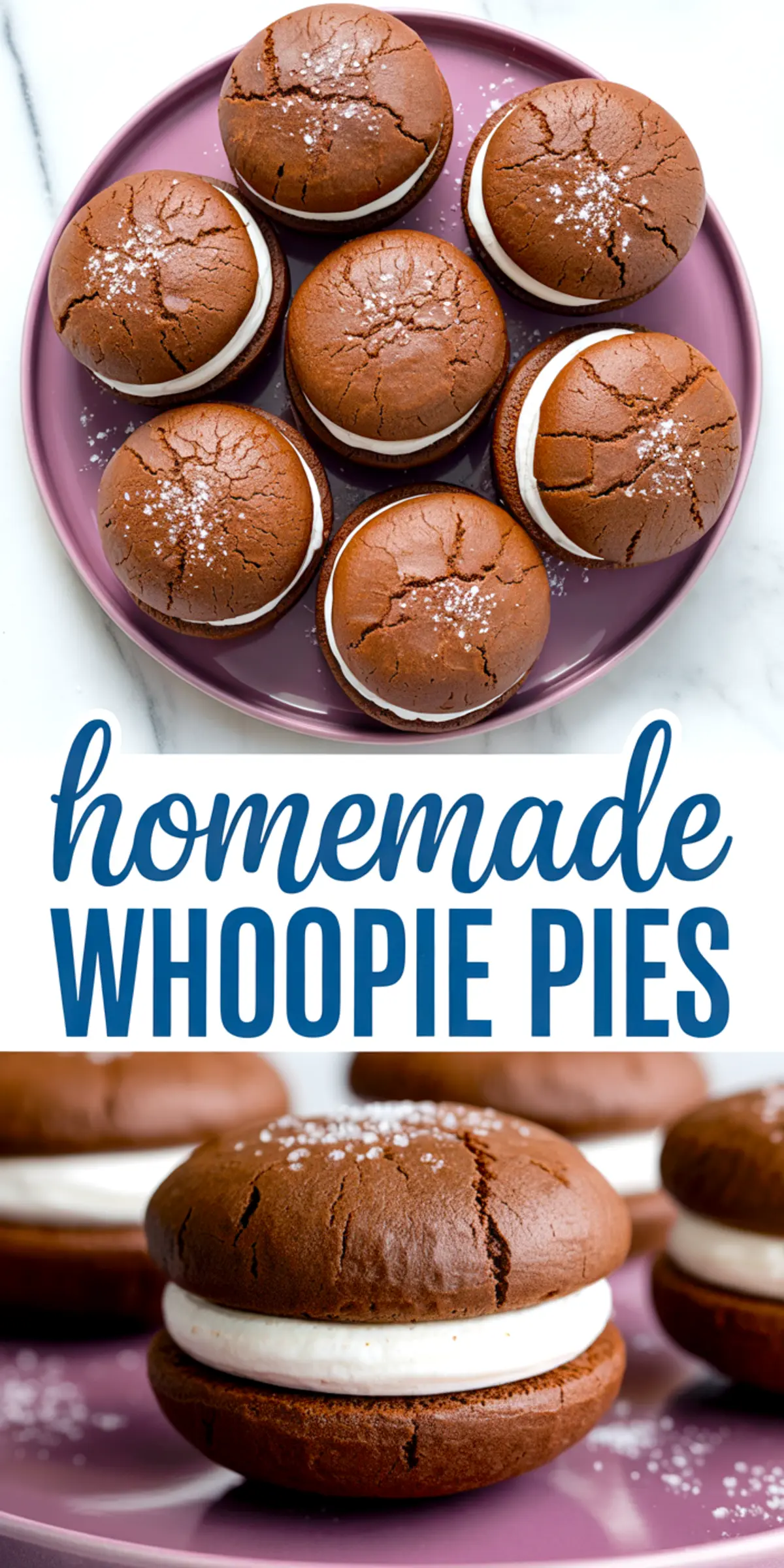 Collage displaying a top-down and angled view of homemade whoopie pies with powdered sugar dusting, filled with marshmallow creme and arranged on a pink plate.