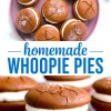 Collage showing top and close-up views of homemade whoopie pies with chocolate cake shells and creamy vanilla filling, arranged on a pink plate with powdered sugar sprinkled on top.