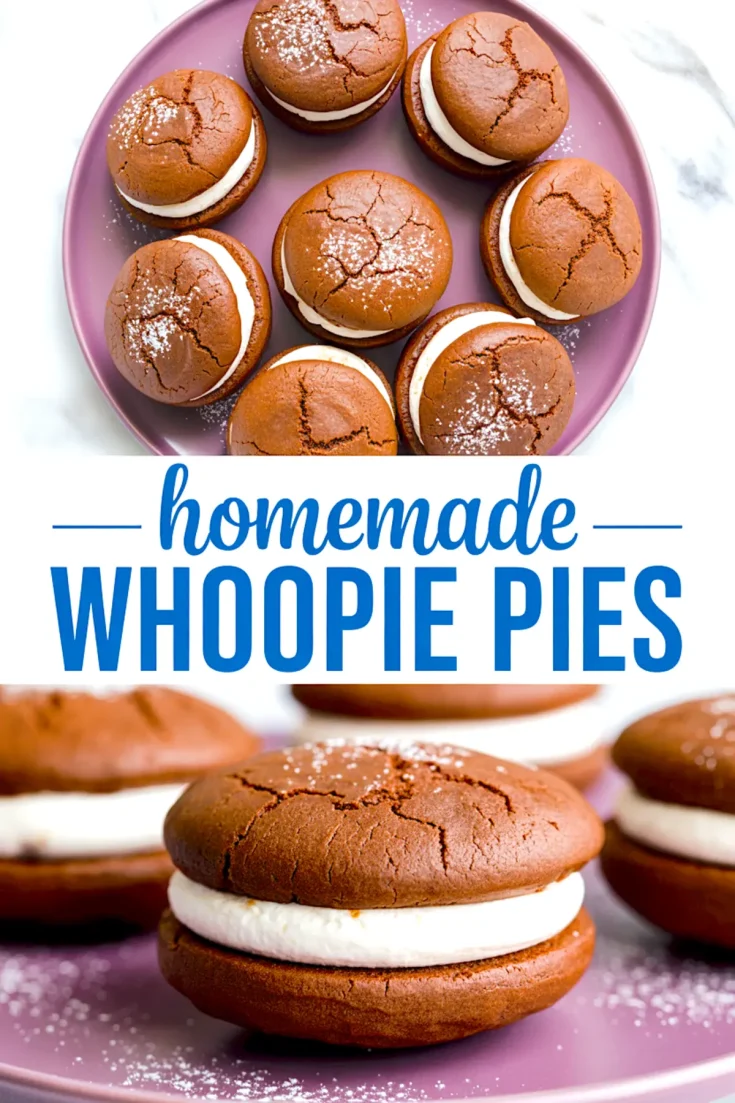 Collage showing top and close-up views of homemade whoopie pies with chocolate cake shells and creamy vanilla filling, arranged on a pink plate with powdered sugar sprinkled on top.