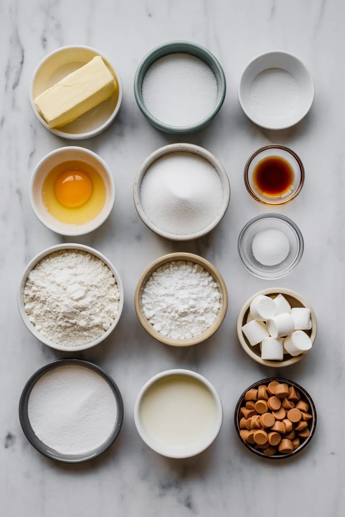 Flat lay of measured baking ingredients for butterscotch cookies including butter, eggs, granulated sugar, brown sugar, flour, powdered sugar, salt, baking soda, vanilla extract, marshmallows, butterscotch chips, and evaporated milk.