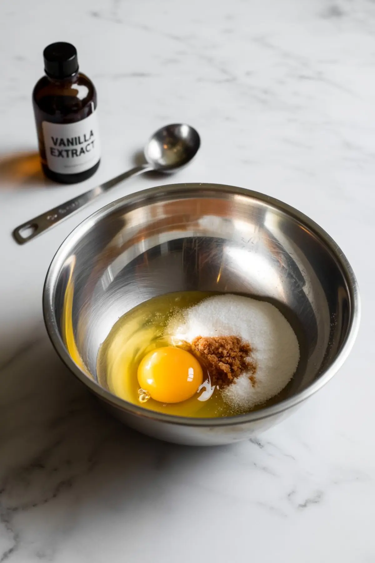 Mixing bowl with raw egg, white sugar, and brown sugar ready to be blended for cookie dough, with a bottle of vanilla extract and measuring spoon on a marble surface.