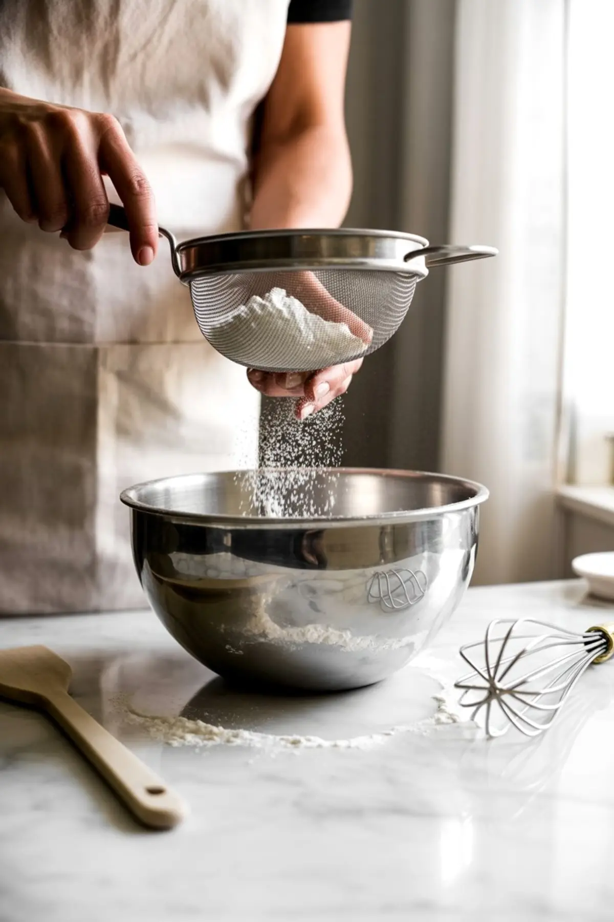 Person sifting flour into a metal mixing bowl during cookie preparation, with visible whisk and spatula on a kitchen counter dusted with flour.
