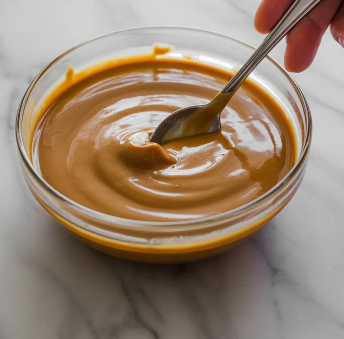 Glass bowl filled with smooth, melted butterscotch cream being stirred with a metal spoon, placed on a white marble surface.