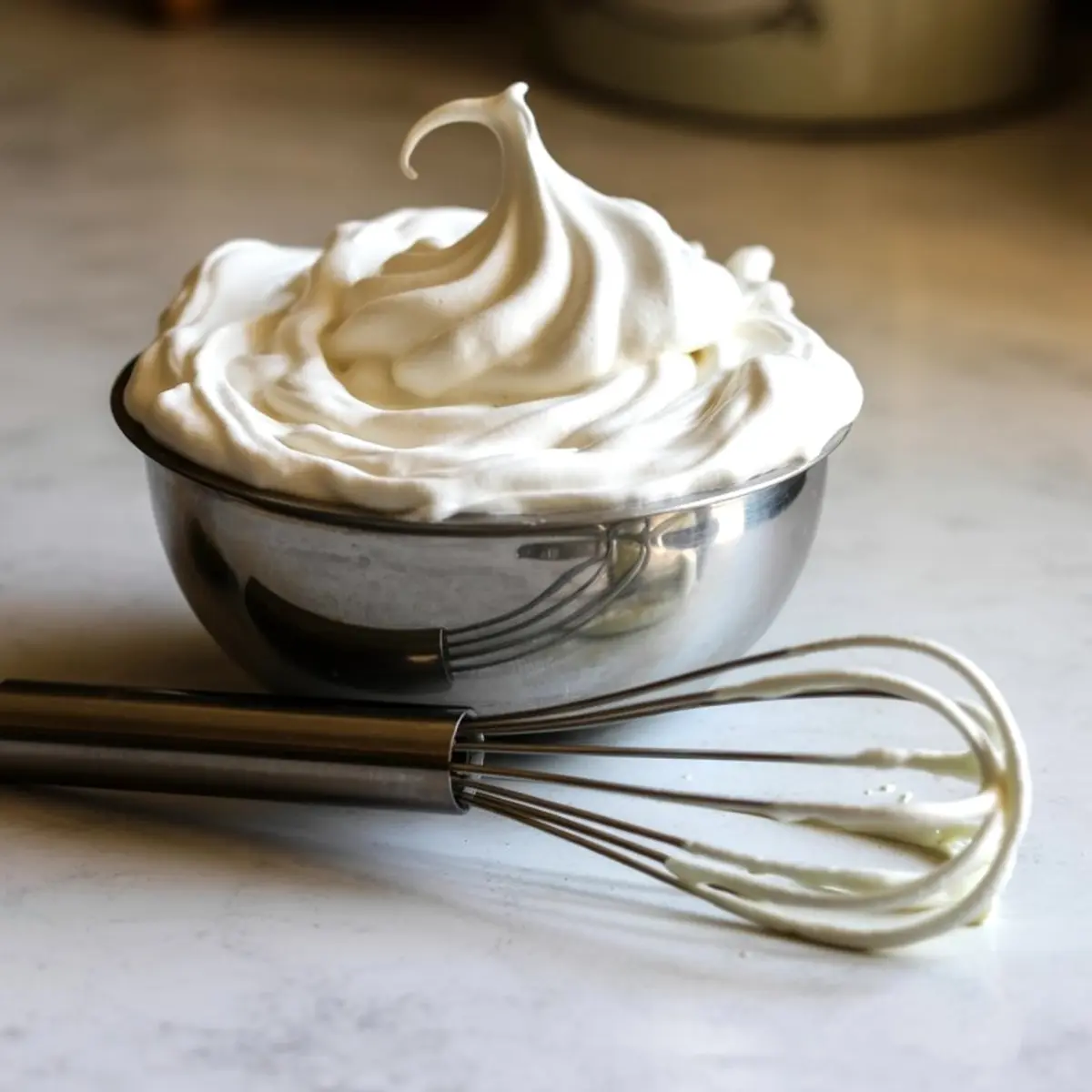 Glossy whipped marshmallow fluff in a metal bowl, with a wire whisk coated in the mixture resting on a marble countertop.