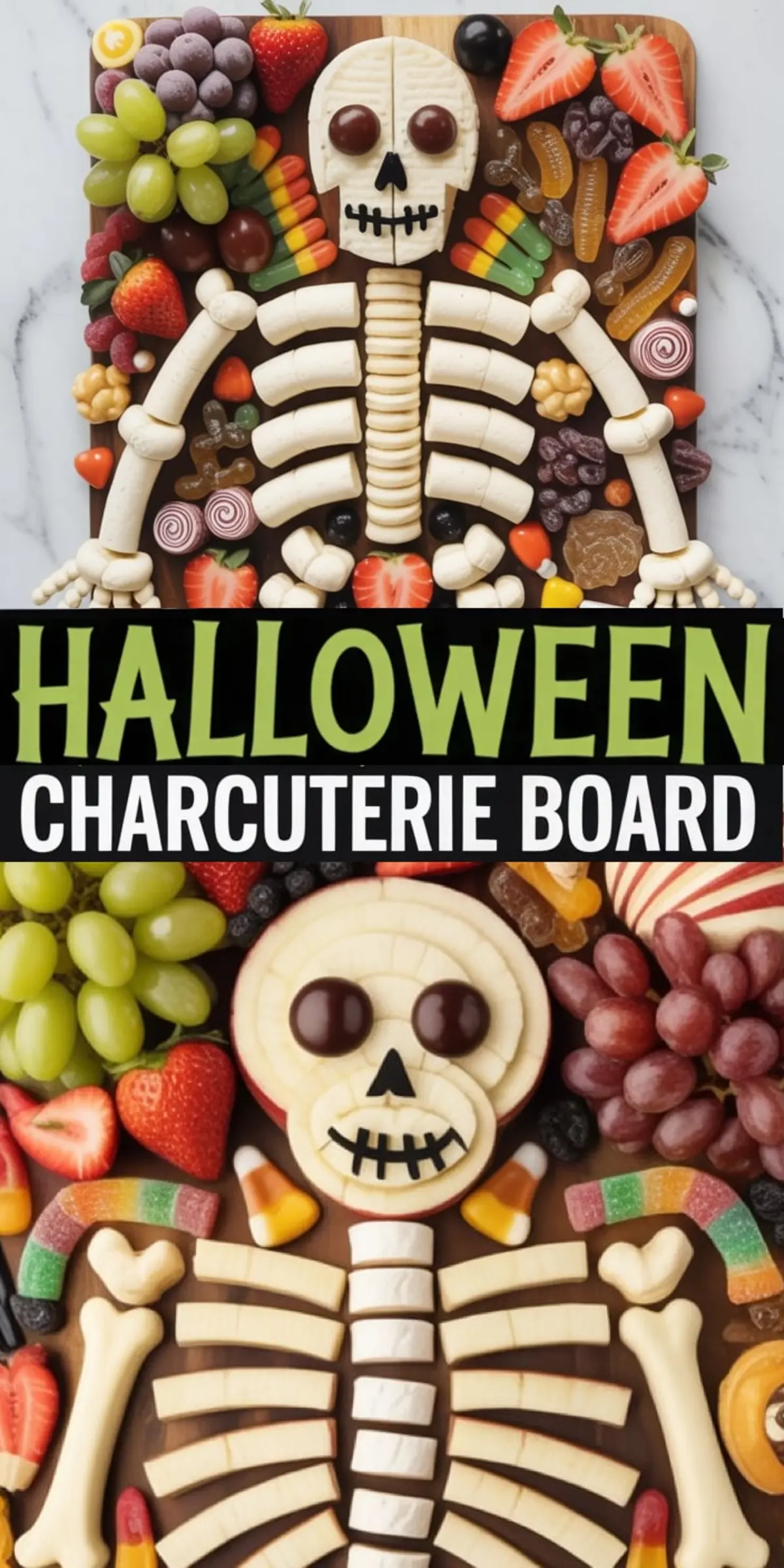Collage of two Halloween skeleton charcuterie boards made with fresh fruit, candy, cheese, and marshmallows on wooden trays. Features skulls crafted from banana slices and apples, chocolate eyes, gummy worms, grapes, strawberries, and licorice bones arranged in festive, spooky designs.
