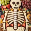 Halloween charcuterie board styled as a fruit skeleton using apple slices, strawberries, grapes, marshmallows, and candy arranged on a dark wood board with playful bones and skull face made of apples and chocolate.