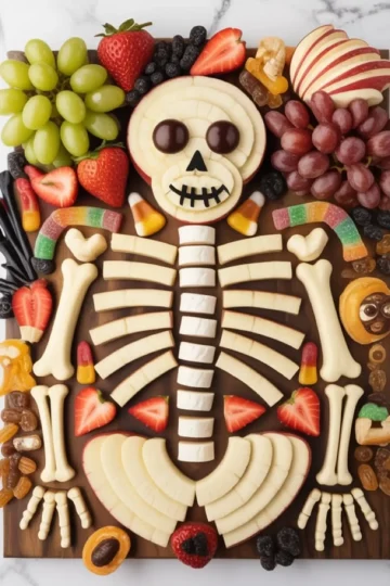 Halloween charcuterie board styled as a fruit skeleton using apple slices, strawberries, grapes, marshmallows, and candy arranged on a dark wood board with playful bones and skull face made of apples and chocolate.