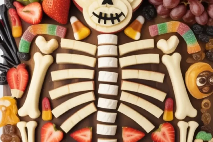 Halloween charcuterie board styled as a fruit skeleton using apple slices, strawberries, grapes, marshmallows, and candy arranged on a dark wood board with playful bones and skull face made of apples and chocolate.