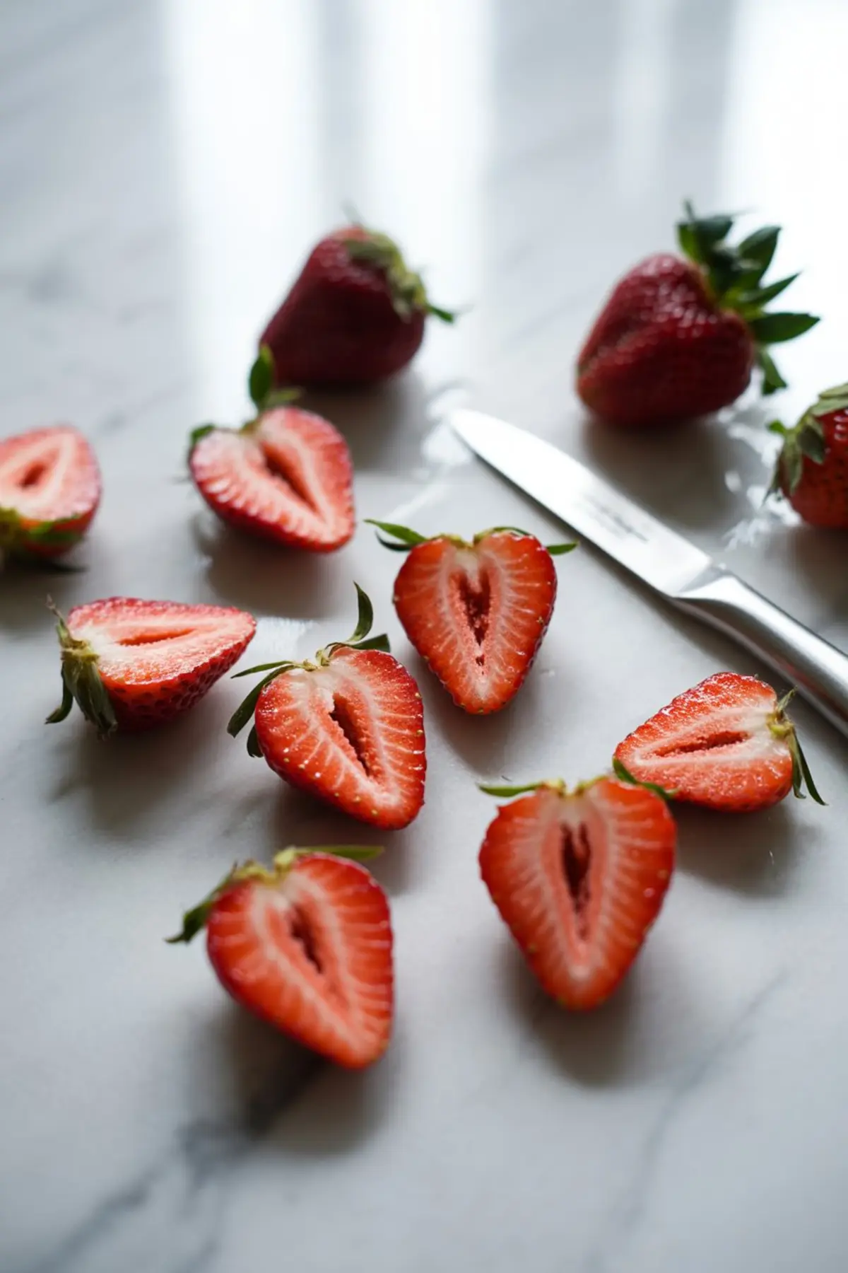 Close-up of halved strawberries with visible seeds and green tops on a white marble surface, with a stainless steel knife placed alongside for fruit preparation.
