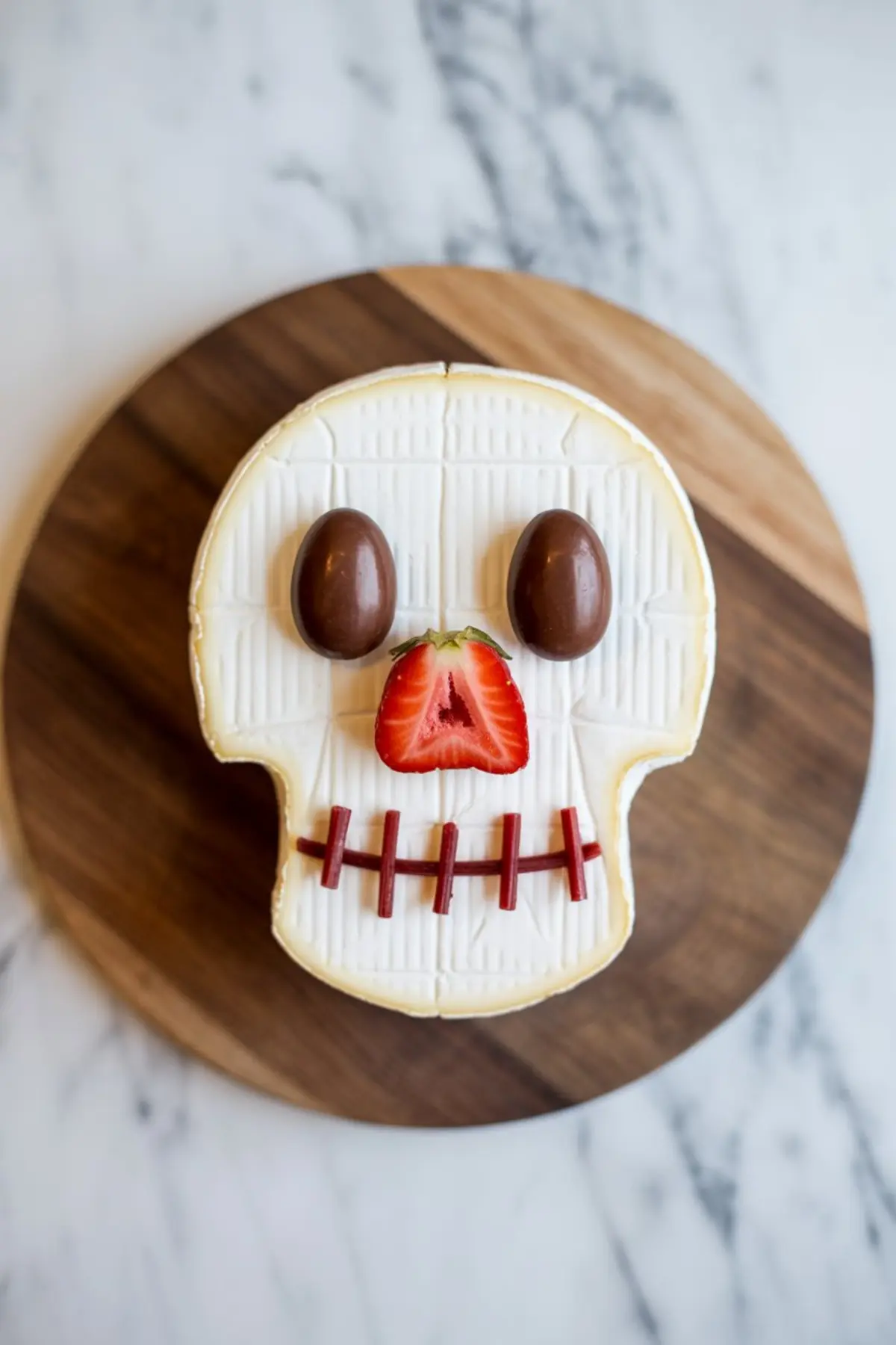 Skull-shaped brie cheese wheel decorated with chocolate eggs for eyes, a halved strawberry for the nose, and red licorice strings for a stitched mouth, displayed on a round wood board for Halloween appetizers.
