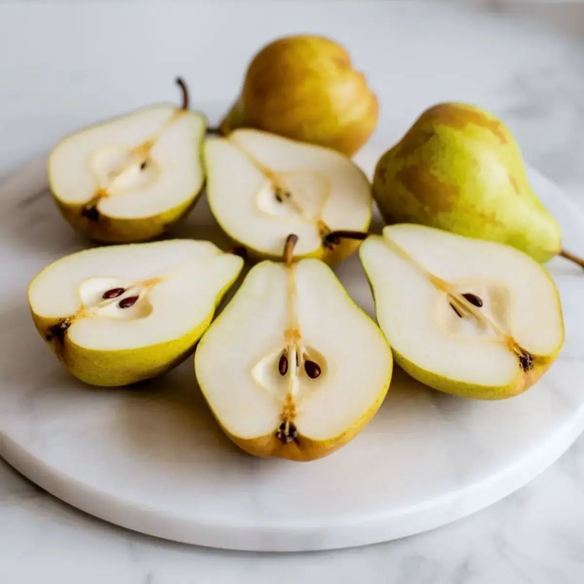 Fresh green pears sliced in half with visible seeds and stems displayed on a round marble tray, ideal for fruit platters or snack boards.
