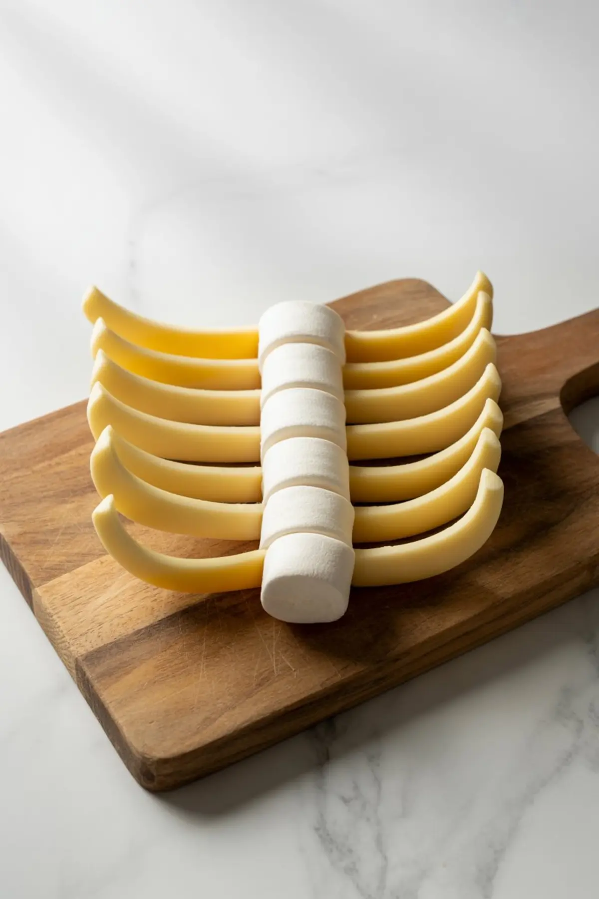 Halloween-inspired cheese and marshmallow skeleton ribcage made from curved cheese sticks and stacked marshmallows on a wooden board, styled to resemble bones.
