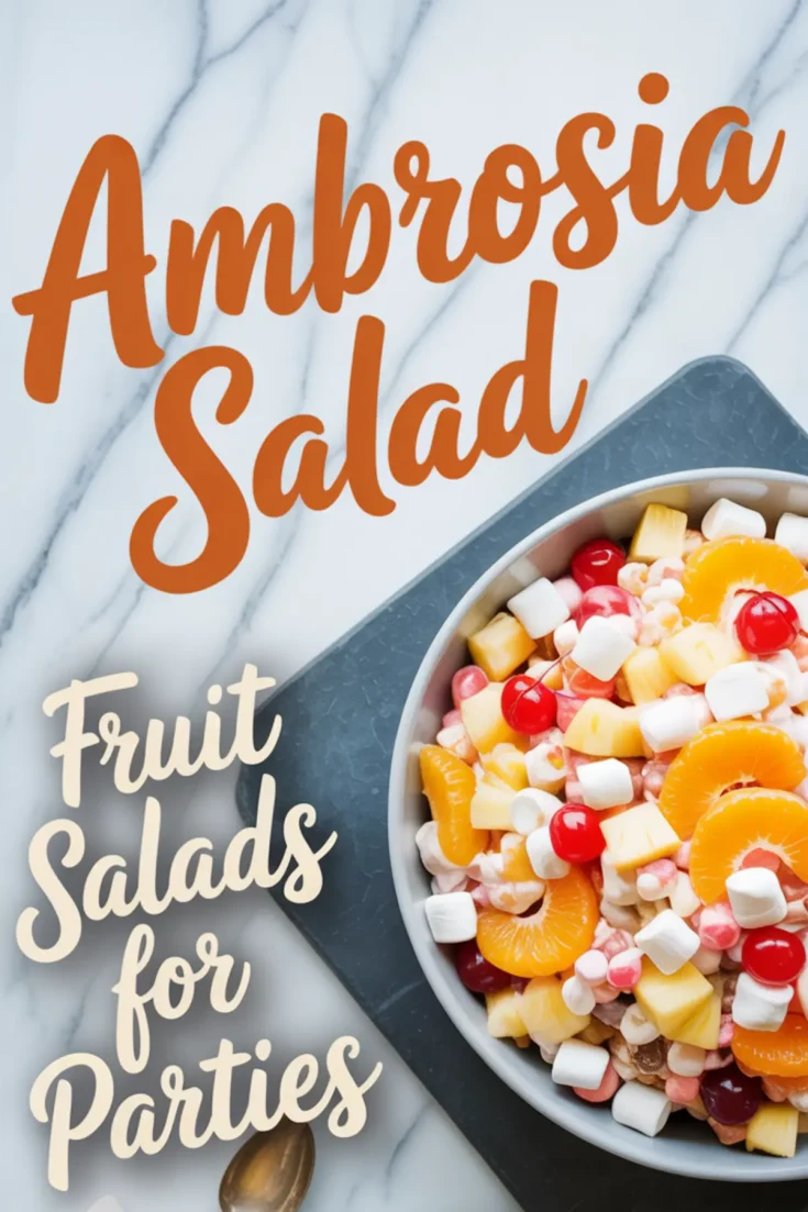 Flat lay of a serving bowl filled with ambrosia salad placed on a gray plate over a marble surface, surrounded by mini marshmallows and featuring text “Ambrosia Salad – Fruit Salads for Parties.”