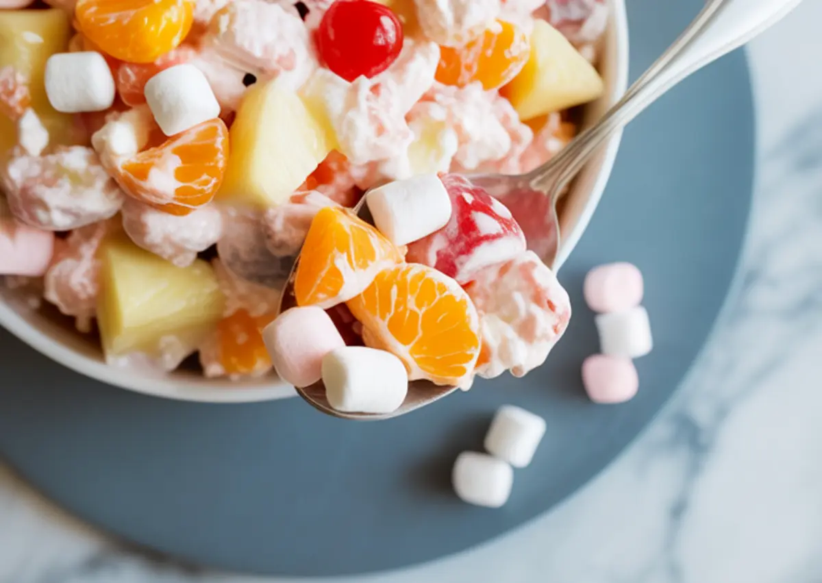 Close-up of a spoonful of ambrosia salad held above a bowl, showcasing marshmallows, cherries, mandarin oranges, and pineapple coated in whipped cream.
