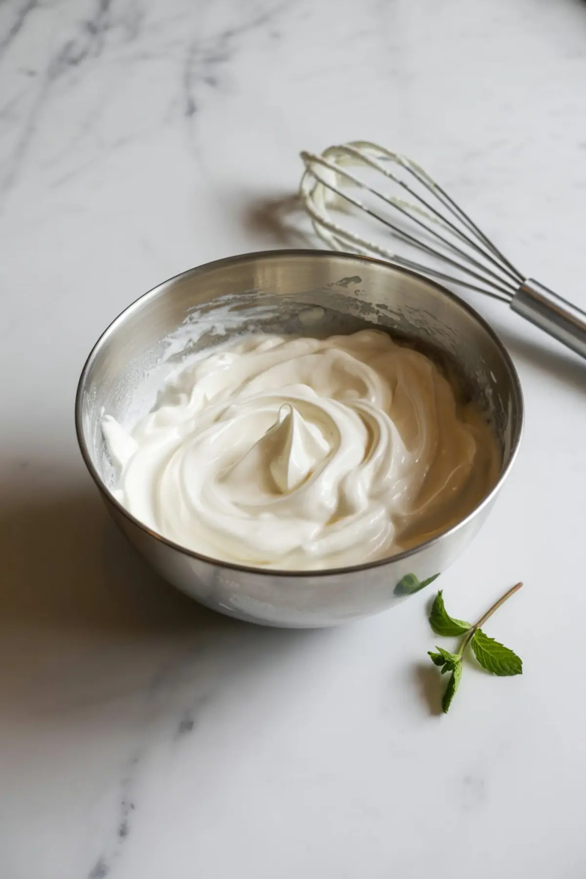 Metal mixing bowl filled with freshly whipped cream on a marble surface, with a whisk and mint sprig beside it, ready for use in creamy dessert recipes.
