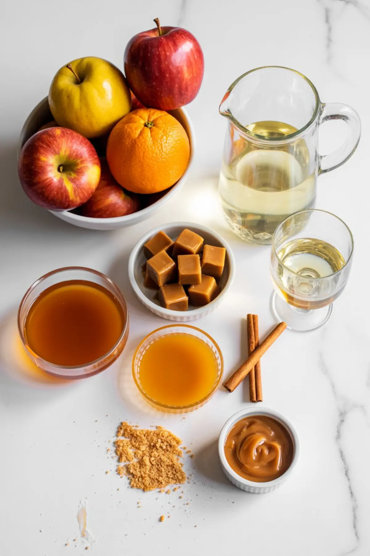 Flat lay of caramel apple cider sangria ingredients including apples, orange, caramel cubes, white wine, apple cider, cinnamon sticks, and sauces arranged neatly on a white marble counter.