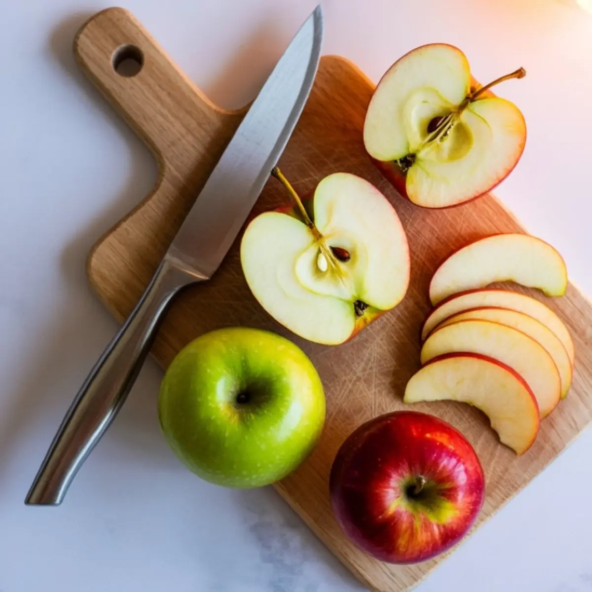 Whole, halved, and thinly sliced red and green apples on a wooden cutting board with a sharp knife, arranged on a marble surface for fall recipe prep or apple-based drink visuals.