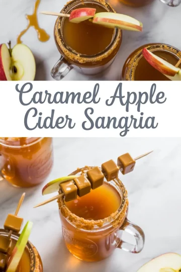 Caramel apple cider sangria served in mason jar mugs with cinnamon-sugar rims, garnished with apple slices and skewered caramel cubes, styled on a marble surface with text overlay in the center.