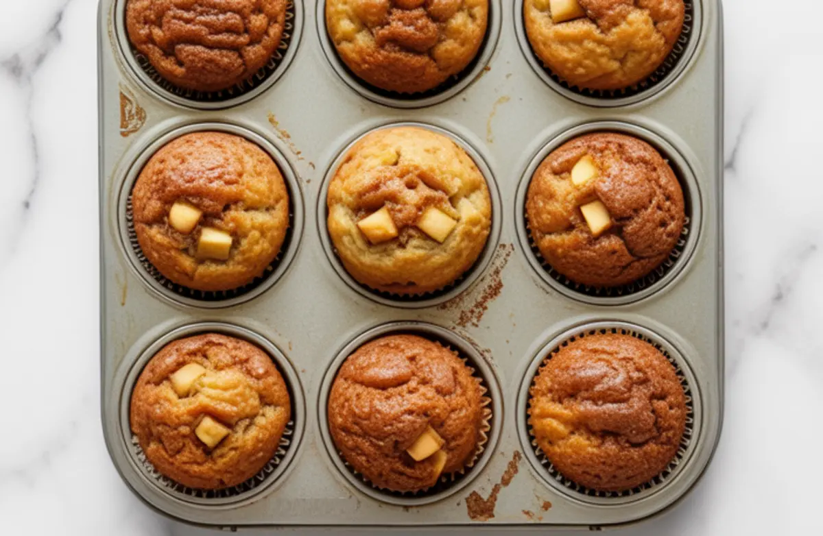 Freshly baked apple cinnamon muffins in a metal baking tray, with golden tops and visible chunks of baked apples, on a white marble surface.