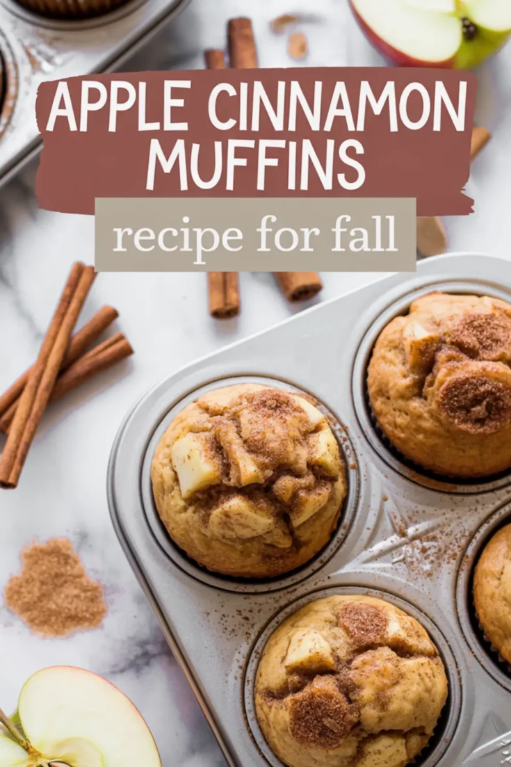 Collage with text overlay “Apple Cinnamon Muffins recipe for fall,” featuring a close-up of baked apple muffins in a tin sprinkled with cinnamon sugar, with cinnamon sticks, apple slices, and scattered brown sugar on a marble surface.