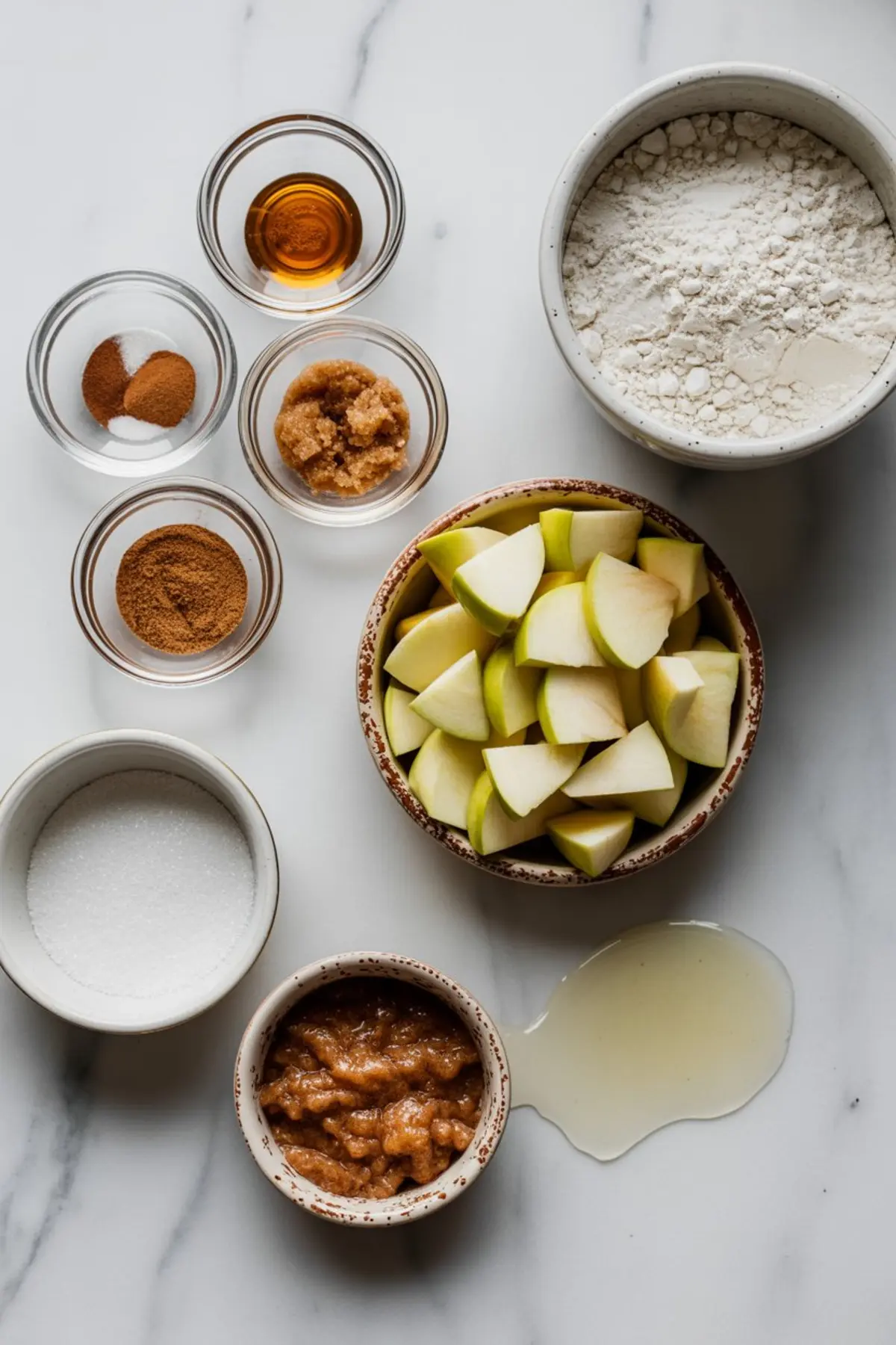 Flat lay of apple muffin ingredients including chopped green apples, flour, sugar, cinnamon, nutmeg, applesauce, brown sugar, baking powder, and vanilla extract on a white marble background.