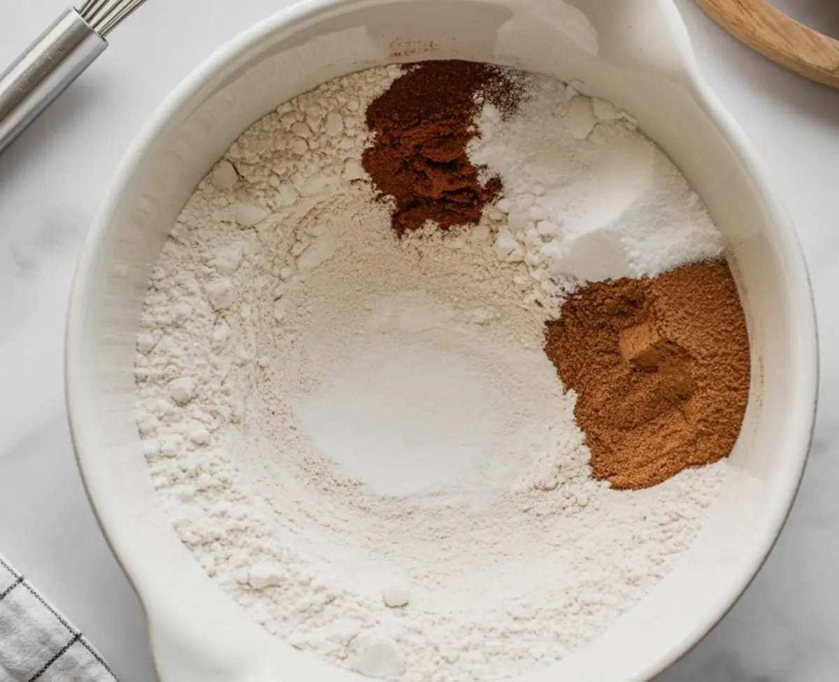 Overhead view of dry ingredients including flour, cinnamon, baking powder, and nutmeg arranged in a white mixing bowl on a marble surface, ready for baking fall spiced apple muffins.