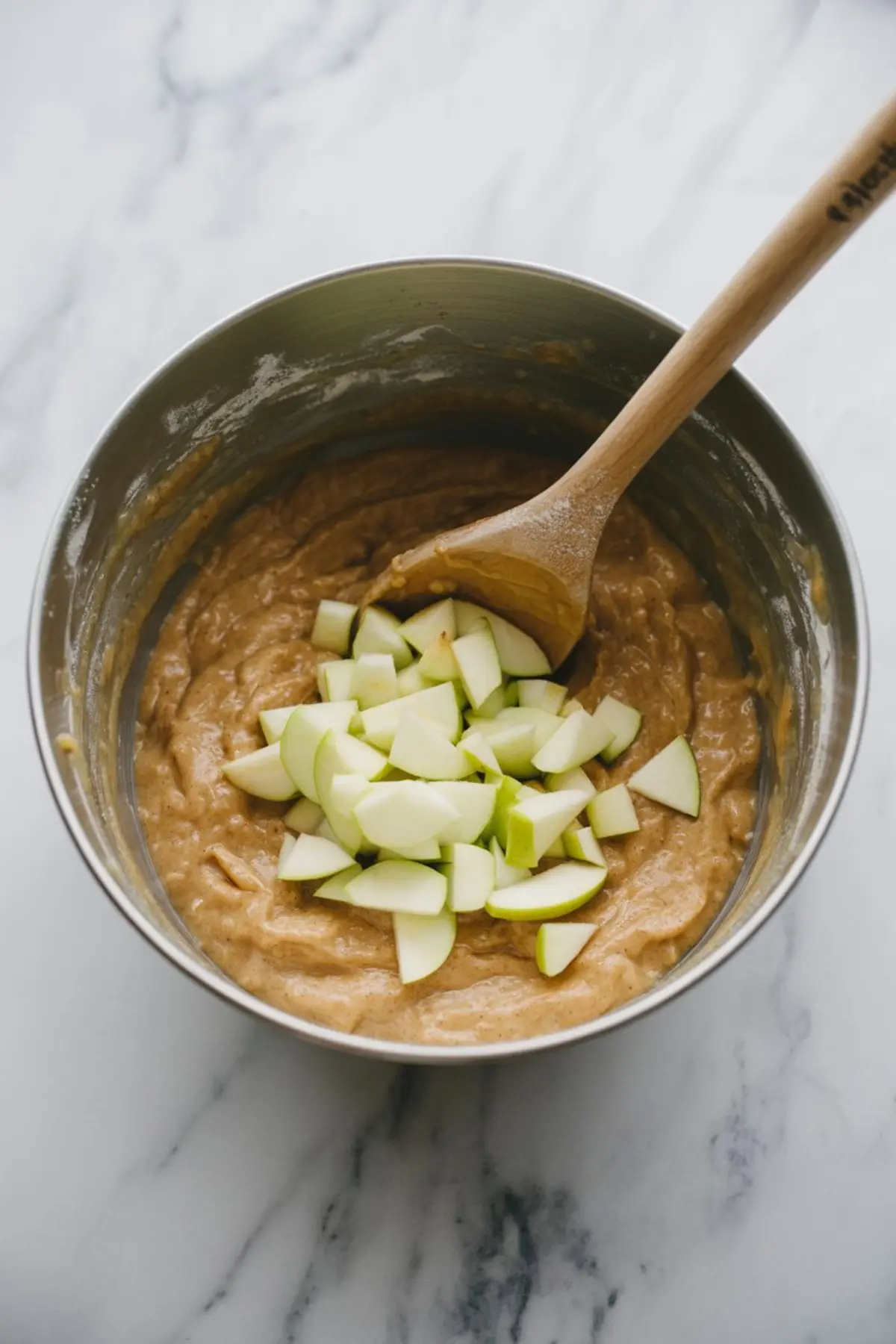 Mixing bowl filled with apple muffin batter and topped with fresh chopped green apples, stirred with a wooden spoon on a marble countertop.
