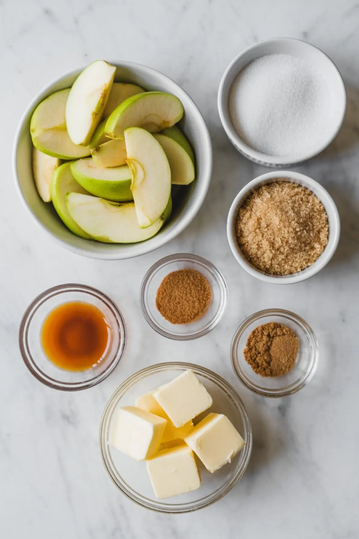 Overhead view of apple dumpling ingredients on a marble counter, including sliced green apples, white sugar, brown sugar, butter cubes, vanilla extract, cinnamon, and nutmeg in small bowls.
