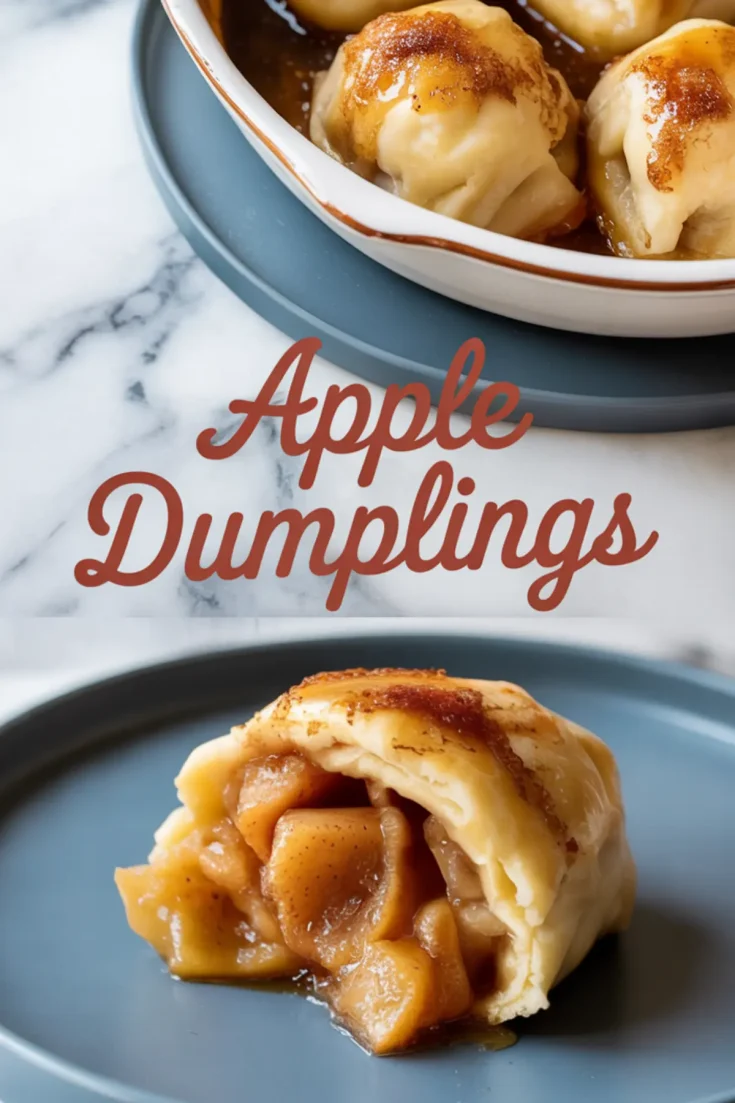 Close-up of golden apple dumplings baked in syrup, with one dumpling cut open to reveal tender spiced apple filling, served on a blue plate.