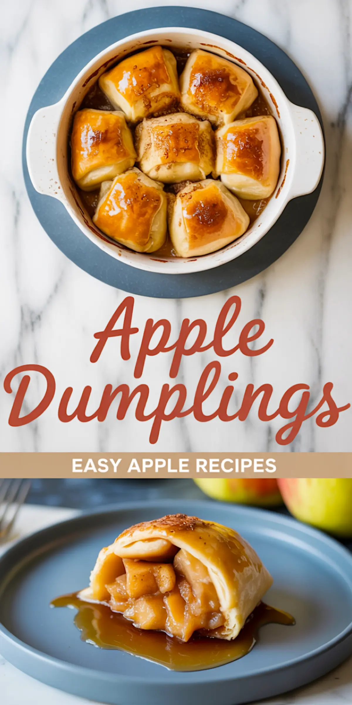 Round baking dish filled with golden apple dumplings, with a close-up of a dumpling on a blue plate cut open to reveal tender baked apples in a cinnamon caramel sauce.
