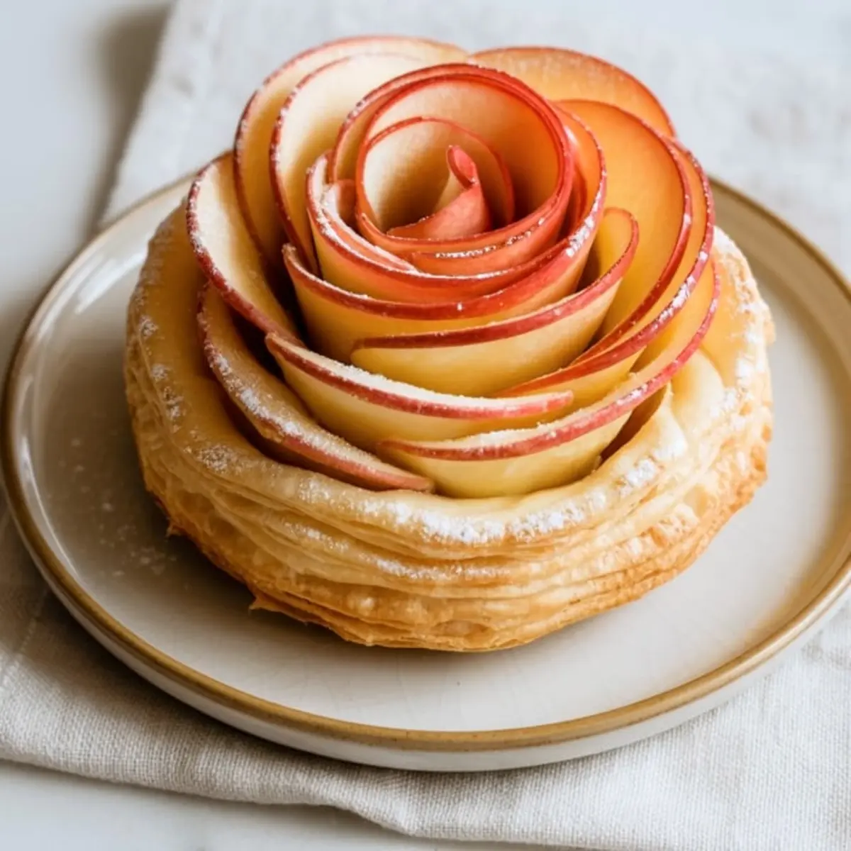 A delicate apple rose tart made with thinly sliced red apples arranged in a floral pattern atop golden, flaky puff pastry and dusted with powdered sugar on a ceramic plate.