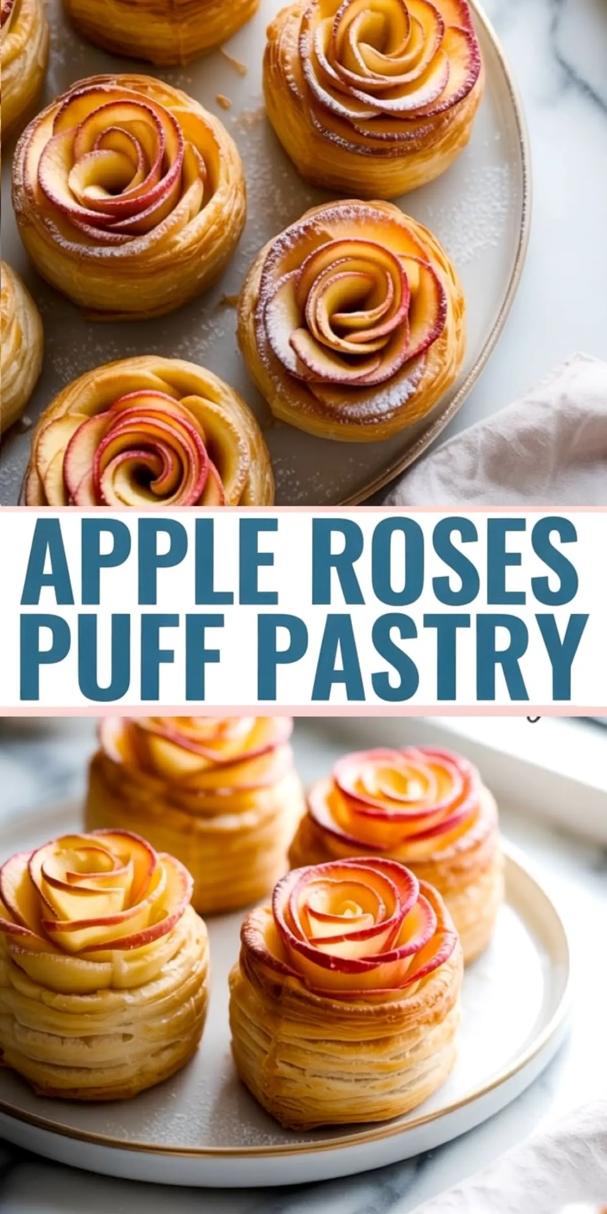 A collage image showcasing multiple apple rose puff pastries on serving plates, each crafted with spiraled apple slices and flaky layers, dusted lightly with powdered sugar, with a bold text overlay reading “Apple Roses Puff Pastry.”
