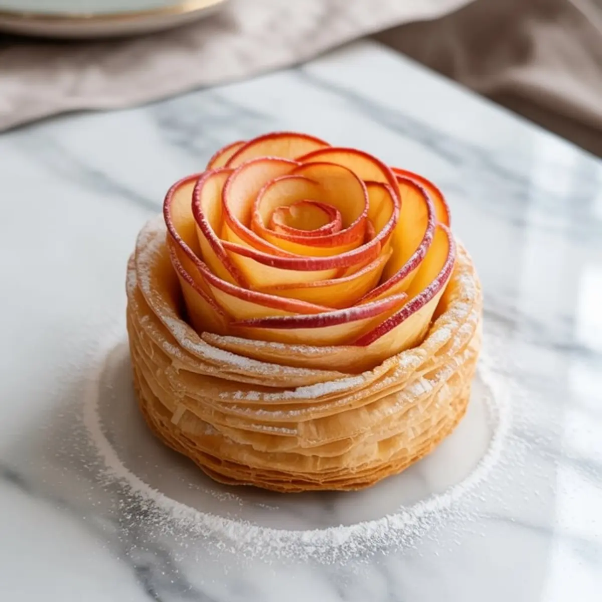 A single apple rose puff pastry displayed on a marble surface, featuring crisp layers of puff pastry shaped into a blooming rose with red apple slices and a dusting of powdered sugar.