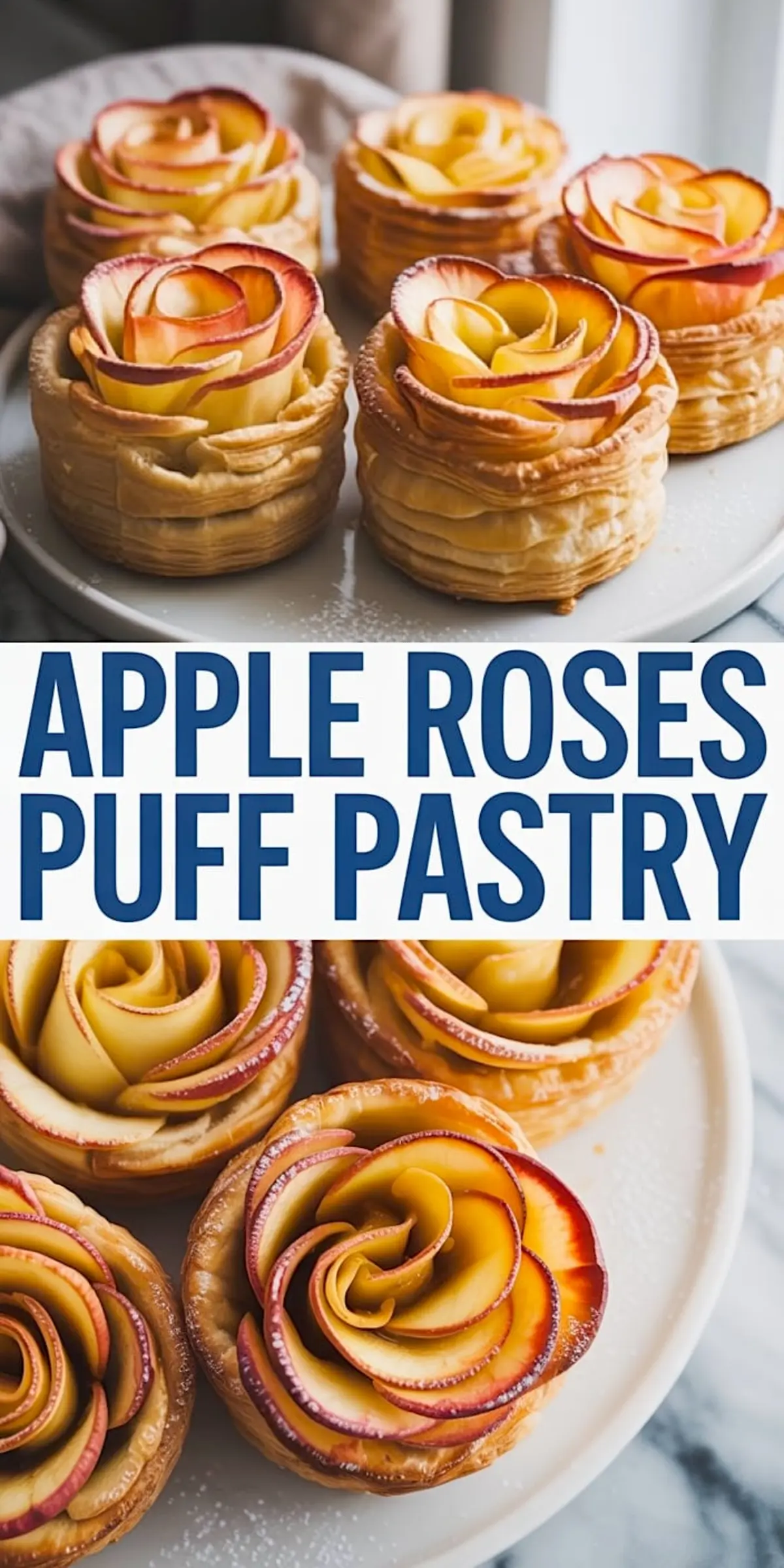 A collage image with close-up views of apple rose puff pastries arranged on plates, each featuring red and golden apple slices layered into a rose shape atop tall, flaky puff pastry bases, accompanied by a bold title text “Apple Roses Puff Pastry.”