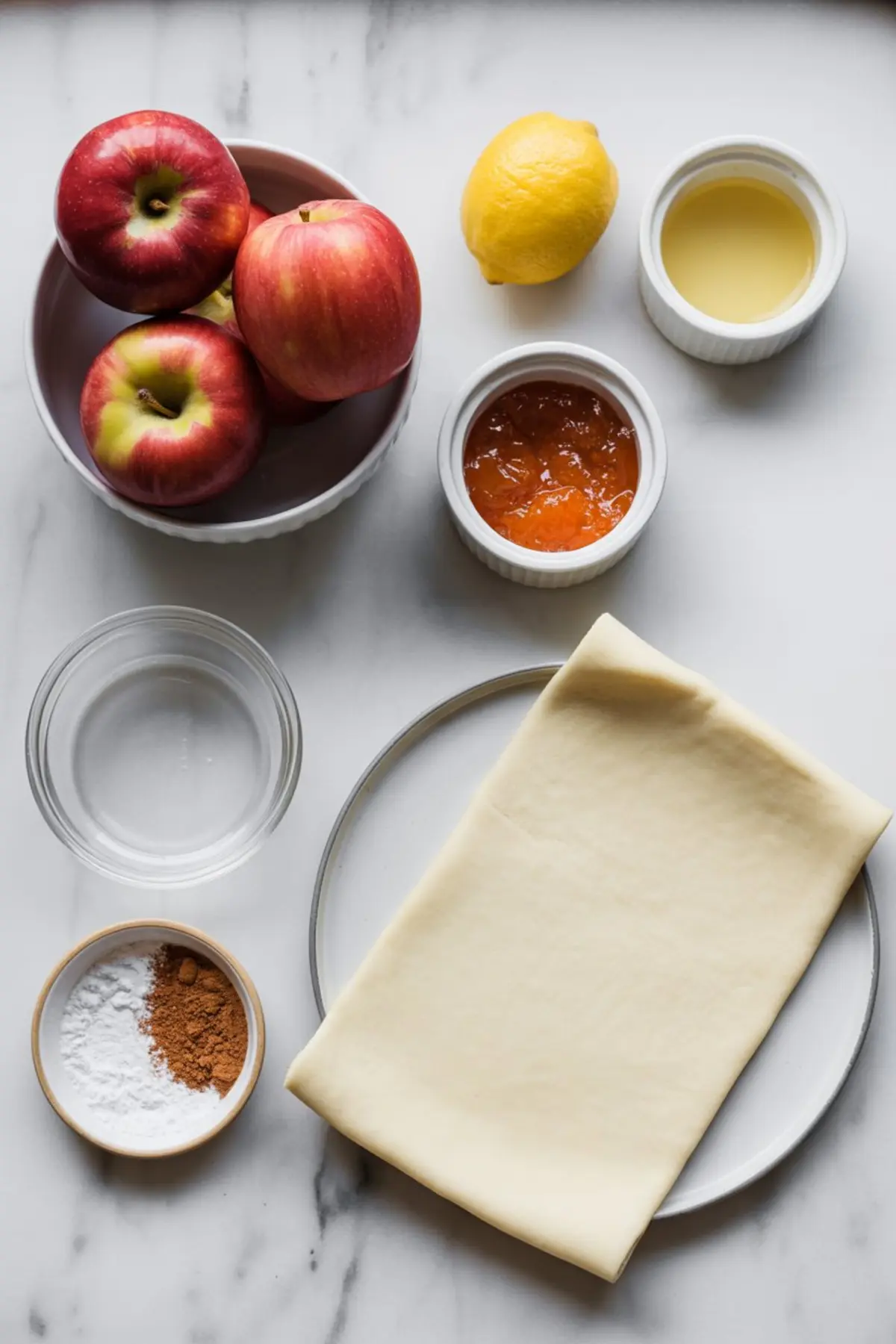 A flat lay of ingredients for making apple rose puff pastries, including red apples, a lemon, puff pastry sheet, apricot jam, lemon juice, powdered sugar, cinnamon, and a small glass bowl, all set on a marble surface.